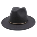 Detailed close-up of dark grey wool fedora hat with elegant black band and gold trim - One Size 58cm / Dark Gray