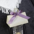 Elegant champagne triangle wedding gift box with purple ribbon bow and wooden ring handle - New Beige Box + Purple Polyester Ribbon / Small Size (do Not Use Wooden Rings)