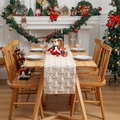 Beige quilted Christmas table runner with 3D sequin trees on a rustic wooden table - 33*93cm / Beige