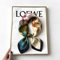 Green silk-like floral square scarf with blue and orange botanical prints - 70*70cm / 31207-Lake Blue Ginkgo