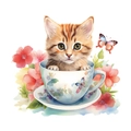 Adesivo murale con gattino tigrato in tazza da tè e fiori in stile acquerello - Gatto Tabby Marrone (fun-m33)