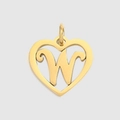 Macro detail of a gold heart-shaped pendant featuring a scripted letter W design - Letter W