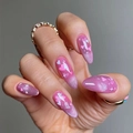 Pink cat eye press-on nails with almond shape, heart patterns and star accents - Glue Type