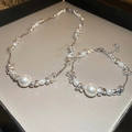 Chic pearl and silver irregular bead necklace and bracelet set on a jewelry tray - Silver 2-Piece Set