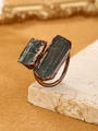 Macro detail of raw green tourmaline crystals secured with copper wire wrapping - Adjustable Open / Double Green Tourmaline