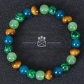 Multicolor beaded bracelet with malachite, tiger eye, and cat eye stones on black background - Malachite Texture/Tiger Eye/Cat Eye Texture (Money Success-9)