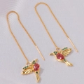 Elegant gold hummingbird threader earrings with red teardrop stone and green crystals - Hummingbird Long Tassel Ear Threader-Gold Red Zircon (02)