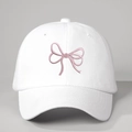 White cotton baseball cap with pink embroidered bows and adjustable strap for outdoor sun protection - White