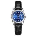 Men's quartz watch with silver fluted bezel, blue dial, and black leather strap - Black Strap Silver Case Blue Dial Women's