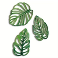 Three-piece monstera leaf wall decor set in green wood with intricate cutout details - New KY2145/3Pcs Coaster Set