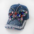 Dark blue denim baseball cap with colorful rhinestone butterfly and pearl trim - Pearl Denim Blue