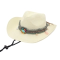 Detail of cream straw cowboy hat with ethnic beads, turquoise stone and tassels - Milky White (Rope + Ethnic Style)