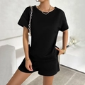 Women's two-piece casual black knit short set with diamond textured fabric detail - S / Black