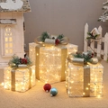 Set di tre scatole regalo di Natale bianche luminose con perle e luci a LED - Paillettes a Rete Dorata (Set da 3 Pezzi con Luce)