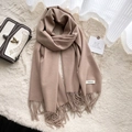 Soft coffee brown cashmere-feel scarf with elegant fringe detail and aesthetic label - Khaki