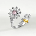 Rotating bee and flower stress relief ring with pink and yellow crystals in silver - Adjustable Open / White Gold Pink Flower (NJ1047)