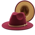 Detail view of burgundy wool fedora with khaki leather band and gold buckle accent - Wine Red and Camel