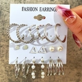 9-pair silver earring set with hoops, pearls, and geometric shapes for women - E005/9 Pairs Set / Silver