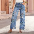 High waist wide leg blue denim jeans with vintage floral print for women outdoor - S / Light Blue