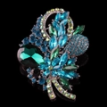 Baroque floral brooch with emerald and blue crystals on a silver alloy base - Style 11 (Emerald Royal Blue Vintage)