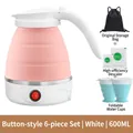 Pink portable foldable electric travel kettle 600ml set with storage bag and cups - Button Mode-Pink-6pcs Set / AU Plug 220V