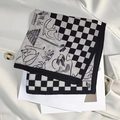 Elegant black and white checkerboard silk scarf with abstract line art patterns - New Black Checkered Patchwork Square Scarf / 65