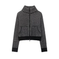 Detalle del cuello alto y la cremallera doble en la chaqueta de punto de tweed mixto - S / Cuadros Negro
