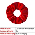 Detail view of a 8cm red velvet scrunchie showing glossy texture and dimensions - 8cm Metallic / Red