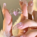 Elegant S925 sterling silver ring with pink heart stone and side zircon accents - Silver Heart Pink Cat Eye Open Ring