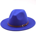 Close-up of Klein blue wool fedora hat featuring a brown leather belt with metal buckle - Royal Blue