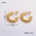 Detailed macro view of 24mm gold sunburst hoop earrings showing measurements and weight - Sunburst Ray Shape Style (RX109)