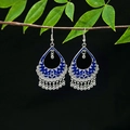 Ethnic bohemian silver alloy drop earrings with blue enamel and metallic tassels - Silver Blue Hollow Drop Tassel(E5204-2)