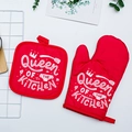 Quilted red kitchen oven mitt and pot holder set with Queen of the Kitchen crown print - Red/Queen Of The Kitchen