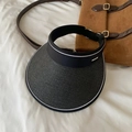 Women's dark gray straw weave sun hat with black fabric strap and white stitching - Letter Strip Straw Visor / Black