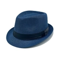 Classic blue woven straw fedora hat with a black leather band, SKU variant image. - One Size (56-58cm) / Navy Blue
