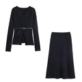 Women's black knitted 2-piece set featuring a V-neck belted top and A-line long skirt - S / Black