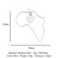 Detail view of silver stainless steel Africa map pendant with heart charm and size specs - Silver Africa Map (5Pcs/Pack)