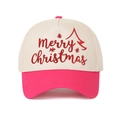 Close-up of red Merry Christmas embroidery on a cream and pink cotton trucker hat - Rose Red