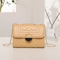Beige quilted chain square bag with V-shaped stitching and circular gold lock - Khaki