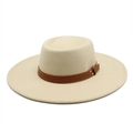 Close-up of beige wool fedora with a brown leather band and metal rivet buckle detail - M (56-58cm) / Beige