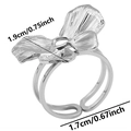 Detail view of adjustable silver steel ring with pleated petal design and size dimensions - Flower Shape / Silver