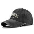 Detail of white Los Angeles embroidery on vintage washed grey cotton baseball cap - Adjustable / Washed Black
