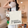 Cute off-white canvas tote bag featuring cartoon characters and black shoulder straps - Animal Stack - Beige