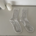 Light gray cotton crew socks with colorful confetti dots and vertical rib texture - One Size / Gray