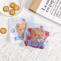 Cute cartoon bear snack pouch with blue and pink checkered pattern and happy text - Milk Tea Bear / 13.5 x 13.5cm