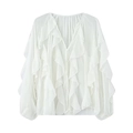 Weißes V-Ausschnitt Chiffonhemd mit Lagenvolants und langen Ärmeln, sommerlicher Stil - XS / Weiß