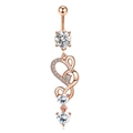 Rose gold belly button ring set with white zircon and hanging heart pendant charms - Rose Gold