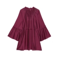 Elegante diep wijnrode jurk met hoge nek en wijde trompetmouwen in zijden stof - XS / Donkerrood