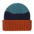 Detailed view of children's tri-color ribbed knit beanie in teal, navy and orange - Caramel Navy & Teal