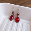 Vintage silver earrings featuring oval red gemstones and ornate rope edge detailing - Hook Style - Vintage Hollow Red Gemstone Shape